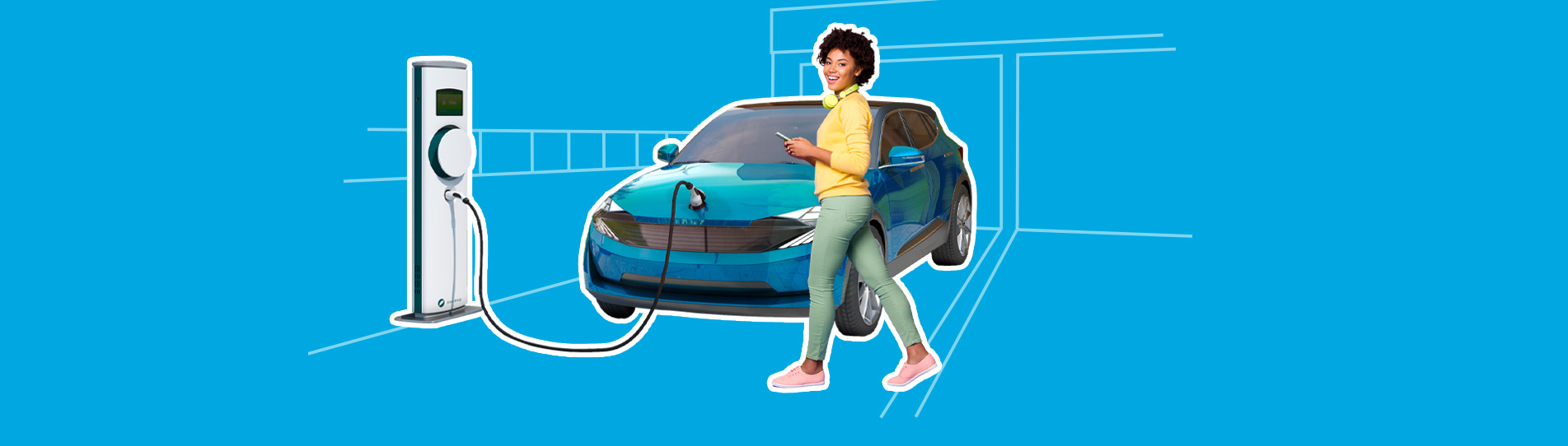 smiling woman beside charging electric vehicle